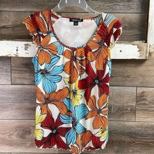 Tribella Bright Floral Sleeveless Scoop Beaded Neckline Top, Size S, Multicolor
